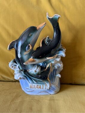 VINTAGE Blue and Gold Hawaii Dolphin Ceramic Sculpture
